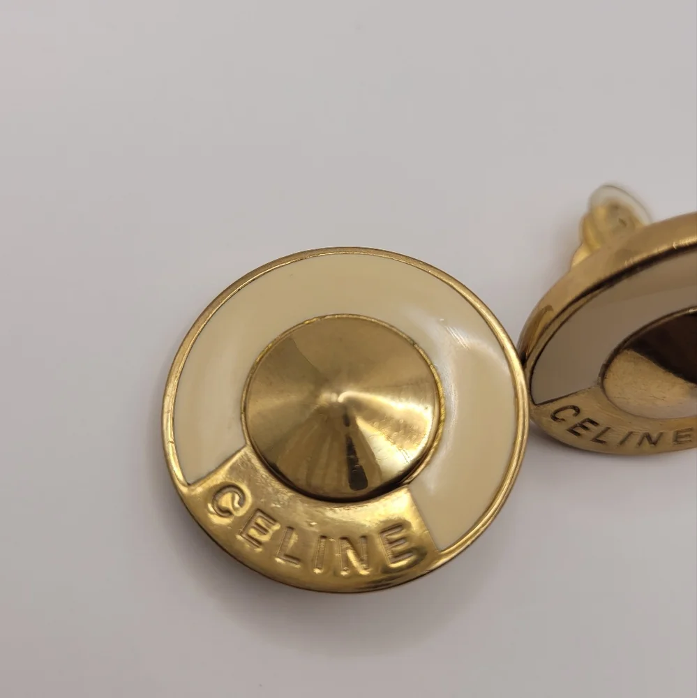 Celine Gold Plated White Enamel Round Clip Earrings